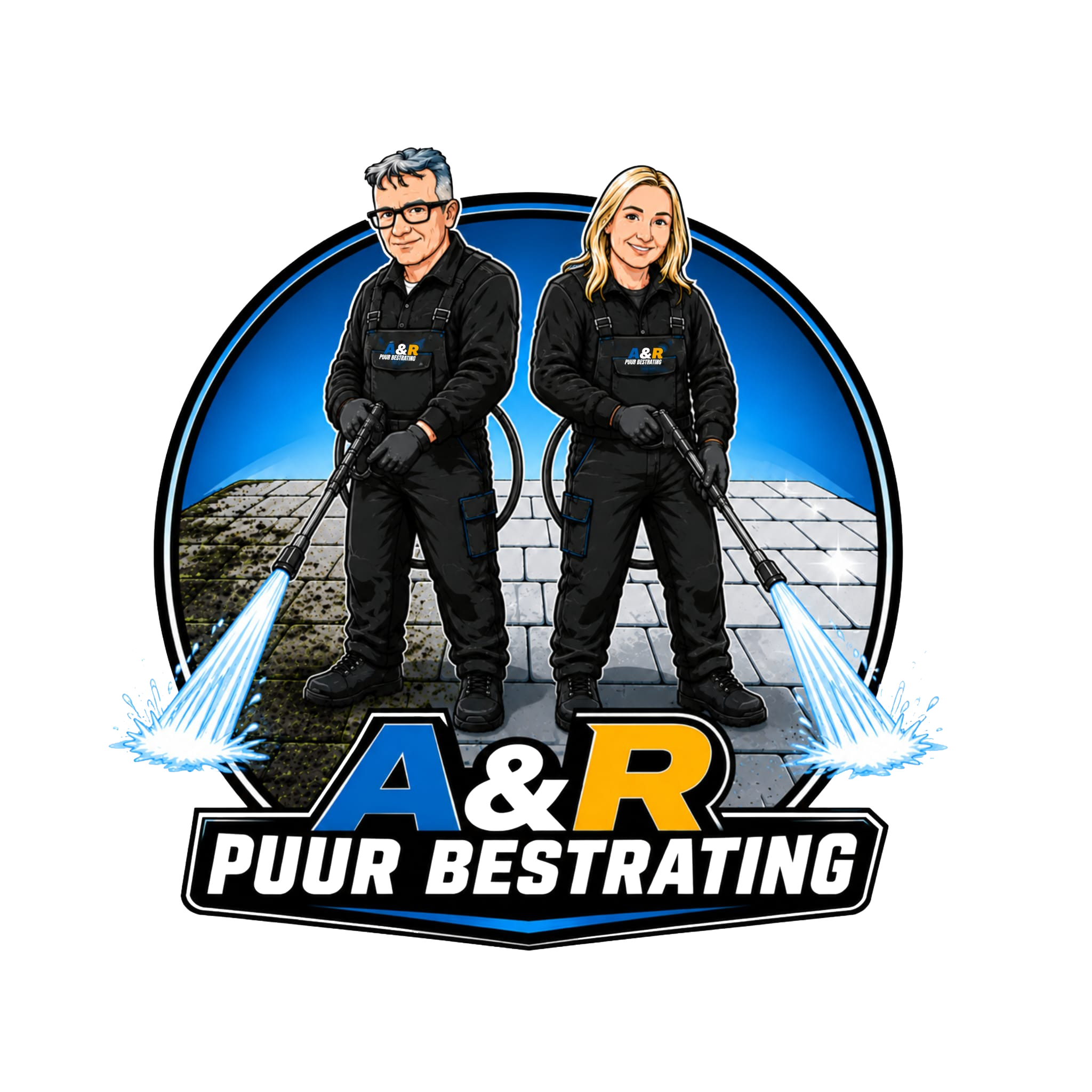 A & R Puur Bestrating logo featuring two people in black overalls holding pressure washers, with a stone patio background.